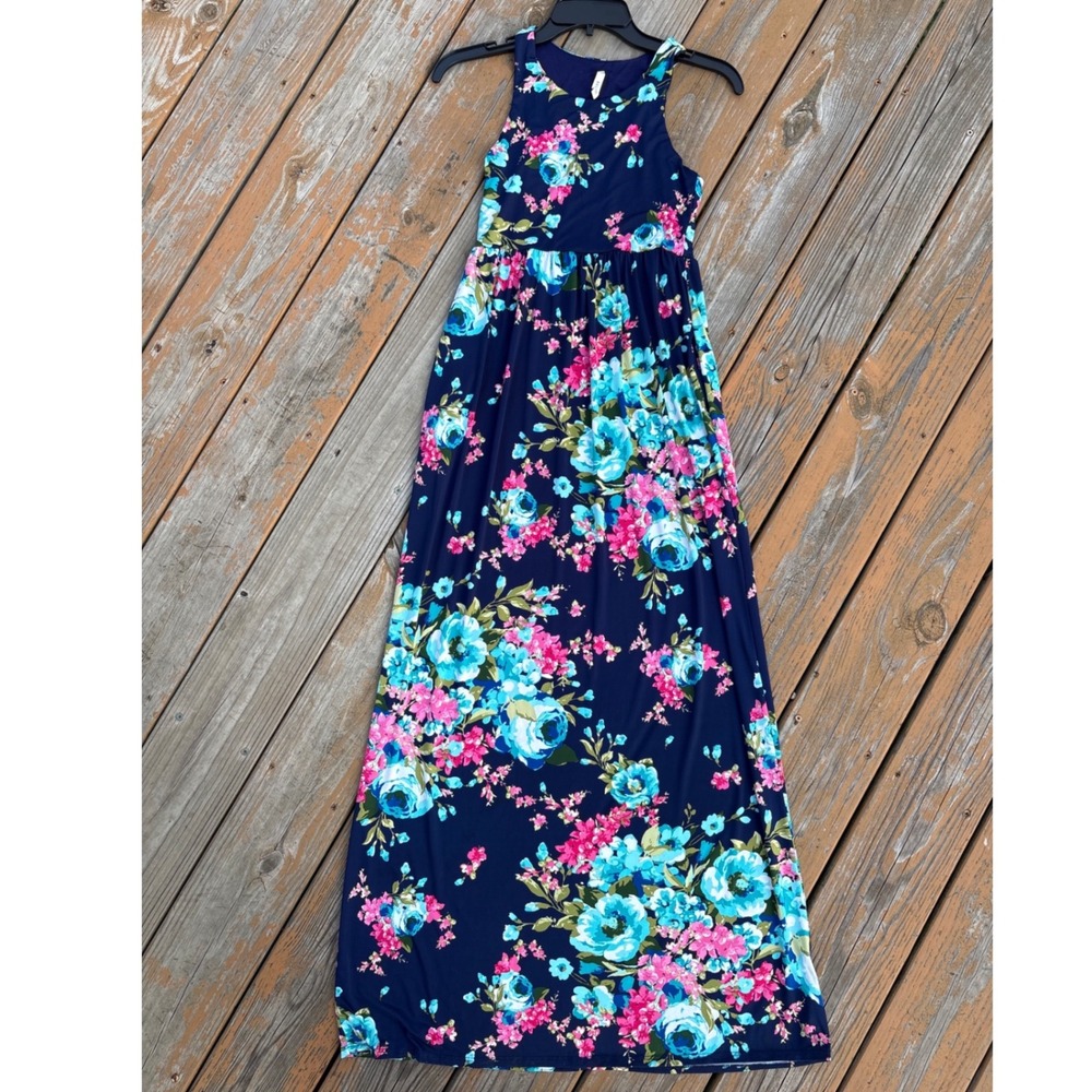 Bellamie Navy Blue Floral Maxi Dress Sleeveless Empire Waist Pink Turquoise 53"